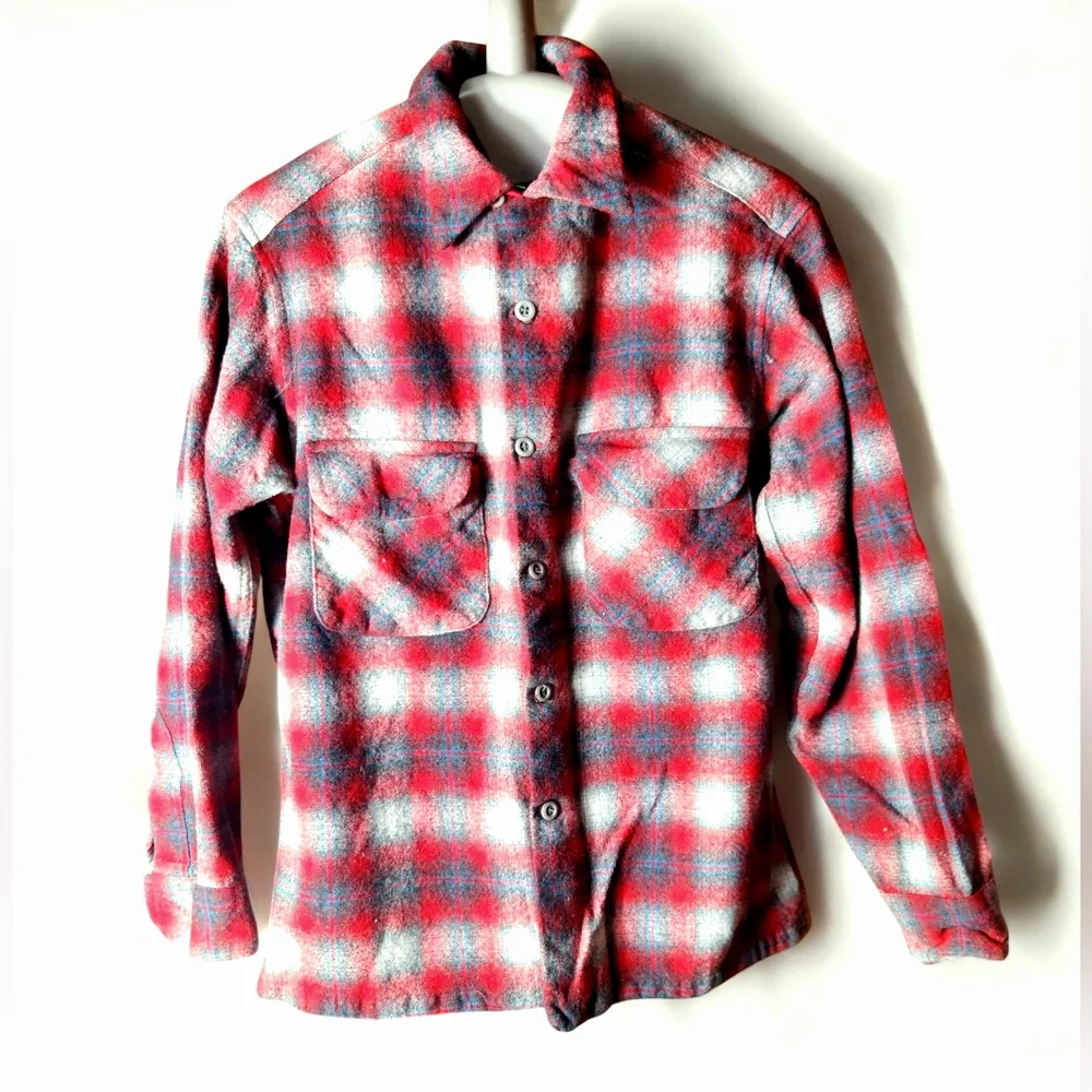 Vintage Pendelton Boys M Wool Shadow Plaid Button Up Shirt Red Black 60s USA